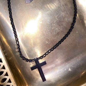 magnetic clasped holy cross chain made with hematite stones